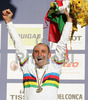 Paolo Bettini of Italy celebrating his medal and World Championship title won in Men Elite road races of Road Cycling World Championship in Salzburg, Austria. Men Elite road race was final race of Road Cycling World Championship 2006 and was held in Salzburg, Austria on 24. September 2006.
