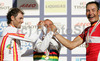 Winner Paolo Bettini of Italy (M), second placed Erik Zabel of Germany (R) and third placed Alejandro Valverde Belmonte of Spain (L) celebrating their medals after Men Elite road races of Road Cycling World Championship in Salzburg, Austria. Men Elite road race was final race of Road Cycling World Championship 2006 and was held in Salzburg, Austria on 24. September 2006.
