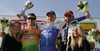 Winner Marko Kump of KK Adria Mobil (M), second placed Grega Bole of KK Sava Kranj (L), and third placed Ivan Fanelli of Team Cinelli Endeka (R) celebrating their medals at 5th Porec Trophy. 5th Porec Trophy in lenght of 165 km, is categorized as UCI 1.2 and was held on 11th March 2007 in Porec, Croatia.
