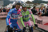Gorazd Stangelj of Lampre Fondital (L) with his friend Danilo Di Luca of Liquigas (R) posing before the start stage 16 of Giro d Italia 2007. Stage 16 in length of 189km lead cyclists from Agordo - Dolomiti Stars, Italy to Lienz, Austria, and was held on 29th of May 2007.

