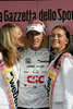 The best young rider after stage 16 Andy Schleck of Team CSC celebrating his jersey after finishing stage 16 of Giro d Italia 2007. Stage 16 in length of 189km lead cyclists from Agordo - Dolomiti Stars, Italy to Lienz, Austria, and was held on 29th of May 2007.
