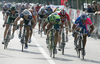 Winner Danilo Napolitano of Lampre Fondital (R), second placed Francesco Chicchi of Liquigas (3rd from L), third placed Gabrielle Balducci of Acqua e Sapone & Caffe Mokambo (2nd from R), fourth placed Enrico Rossi of OTC Doors Laurentana (2nd from L) and fifth placed Borut Bozic of Team L.P.R.(L) sprinting in finish sprint of first stage of Tour de Slovenie 2007. First stage  of Tour de Slovenie 2007 in lenght of 182km lead cyclists from Ljubljana, Slovenia to Zagreb, Croatia, and was held on 12th of June 2007.
