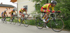 Cyclists of Perutnina Ptuj leading group through streets of Sencur, Slovenia during Grand prix of Sencur. Race in Sencur, Slovenia was held on 27th of April 2007.

