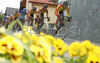 Cyclists of Perutnina Ptuj leading group through streets of Sencur, Slovenia during Grand prix of Sencur. Race in Sencur, Slovenia was held on 27th of April 2007.
