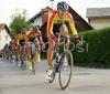 Cyclists of Perutnina Ptuj leading group through streets of Sencur, Slovenia during Grand prix of Sencur. Race in Sencur, Slovenia was held on 27th of April 2007.
