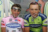 Overall leader Danilo Di Luca (L) and his teammate Vladimir Miholjevic (R), both of  Liquigas posing for photographers before start of the stage 18 of Giro d Italia 2007. Stage 18 in length of 208km lead cyclists from Udine, Italy to Riese Pio X, Italy, and was held on 31st of May 2007..
