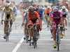 Winner Alessandro Petacchi of Team Milram sprinting to finish line of the stage 18 of Giro d Italia 2007. Stage 18 in length of 208km lead cyclists from Udine, Italy to Riese Pio X, Italy, and was held on 31st of May 2007..
