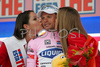 Leader in general classification Danilo Di Luca of Liquigas wearing pink jersey and celebrating his first place in general classification after stage 18 of Giro d Italia 2007. Stage 18 in length of 208km lead cyclists from Udine, Italy to Riese Pio X, Italy, and was held on 31st of May 2007..
