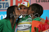 Best in mountain classification Leonardo Piepoli of Saunier Duval-Prodir celebrating his green jersey after stage 18 of Giro d Italia 2007. Stage 18 in length of 208km lead cyclists from Udine, Italy to Riese Pio X, Italy, and was held on 31st of May 2007..
