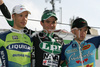 Winner Borut Bozic of Team LPR (M), second placed Matej Mugerli of Liquigas (L) and third placed Matic Strgar of Radenska Powerbar (R) celebrating their success in 40th Grand Prix Kranj, The Filip Majcen Memorial cycle race. 40th Grand Prix of Kranj took place on 2nd of June 2007 in Kranj, Slovenia.
