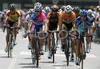 Cyclists riding through streets of Kranj, Slovenia during road cycling race Around Kranj 2007. Race in lenght of  87.5km (25 laps) in Kranj, Slovenia was held on 3rd of April 2007.
