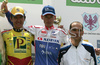 Winner Tomaz Nose of Adria Mobil (M), second placed Matija Kvasina of Perutnina Ptuj (L) and third place Massimiliano Gentili of Aurum Hotels (R) celebrating their medals after road cycling race Around Kranj 2007. Race in lenght of  87.5km (25 laps) in Kranj, Slovenia was held on 3rd of April 2007.

