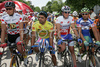 Matej Stare of Perutnina Ptuj (L) in red dot jersey, Danilo Napolitano of Lampre-Fondital (M) in yellow jersey, Joze Senekovic of Adria Mobil (2nd from R) in white jersey and Francesco Chicchi of Liquigas (R) in blue jersey before start of second stage of Tour de Slovenie 2007. Second stage in lenght of 163km lead cyclists from Sentjernej, Slovenia to Ljubljana, Slovenia, where finish line was in Ljubljana castle.

