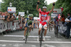 Winner of second stage Stefano Garzelli of Acqua Sapone-Caffe Mokambo (M) outsprinting Enrico Gasparotto of Liquigas (L) and Paolo Bossoni of Lampre-Fondital (R) in finish of second stage of Tour de Slovenie 2007. Second stage in lenght of 163km lead cyclists from Sentjernej, Slovenia to Ljubljana, Slovenia, where finish line was in Ljubljana castle.
