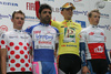 Grega Bole of Sava Kranj (L) in red dot jersey, Danilo Napolitano of Lampre-Fondital (2nd from L) in blue jersey, Mitja Mahoric of Perutnina Ptuj (M) in jellow jersey and Leopold Konig of PSK Whirpool Hradec Kralove (R) in white jersey celebrating their success after second stage of Tour de Slovenie 2007. Second stage in lenght of 163km lead cyclists from Sentjernej, Slovenia to Ljubljana, Slovenia, where finish line was in Ljubljana castle.
