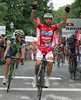 Winner of second stage Stefano Garzelli of Acqua Sapone-Caffe Mokambo (M) outsprinting Enrico Gasparotto of Liquigas (L) and Paolo Bossoni of Lampre-Fondital (R) in finish of second stage of Tour de Slovenie 2007. Second stage in lenght of 163km lead cyclists from Sentjernej, Slovenia to Ljubljana, Slovenia, where finish line was in Ljubljana castle.
