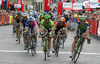Second placed Enrico Gasparotto of Liquigas (R), third placed Daniele Pietropolli of Tenax Salmilano (2nd from L), fourth placed Krzysztof Szczawinski of Miche (2nd from R) and fifth placed Paolo Bossoni of Lampre-Fondital (L) sprinting to finish line in Villach, Austria in third stage of Tour de Slovenie 2007. Third stage in lenght of 168km lead cyclists from Medvode, Slovenia to Villach, Austria.
