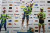 Winner Vincenzo Nibali of Liquigas (M), his teammate second placed Enrico Gasparotto (L) and third placed Daniele Pietropolli of Tenax Salmilano (R) celebrating their success in third stage of Tour de Slovenie 2007. Third stage in lenght of 168km lead cyclists from Medvode, Slovenia to Villach, Austria.
