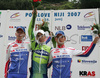 Winner Vincenzo Nibali of Liquigas (M), second placed Tomaz Nose of Adria Mobil (L) and third placed Simon Spilak of Adria Mobil (R) celebrating their success after fourth stage of Tour de Slovenie 2007. Fourth stage in lenght of 160km lead cyclists from Kranjska Gora, Slovenia to top of Tour de Slovenia, 1611 meters high pass Vrsic, Slovenia.
