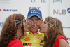New overall leader Tomaz Nose of Adria Mobil celebrating yellow jersey after fourth stage of Tour de Slovenie 2007. Fourth stage in lenght of 160km lead cyclists from Kranjska Gora, Slovenia to top of Tour de Slovenia, 1611 meters high pass Vrsic, Slovenia.
