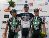 Winner Enrico Rossi of OTC Doors - Lauretana (M), second placed Borut Bozic of Team L.P.R. and third placed Samuele Marzoli of Team L.P.R. celebrating after fifth and last stage of Tour de Slovenie 2007. Fifth stage in lenght of 162km lead cyclists from Grosuplje, Slovenia to Novo Mesto, Slovenia, where this years Tour de Slovenie crossed its final finish line.
