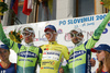 Overall winner Tomaz Nose of Adria Mobil (M), second placed Vincenzo Nibali of Liquigas (L), and his third placed teammate Andrea Noe (R) celebrating their medals after fifth and last stage of Tour de Slovenie 2007. Fifth stage in lenght of 162km lead cyclists from Grosuplje, Slovenia to Novo Mesto, Slovenia, where this years Tour de Slovenie crossed its final finish line.
