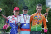 Winner in Juniors category, Nejc Kosir of Radenska Powerbar (M), second placed Rok Grilc of Adria Mobil (L), and third placed Klemen Koren of Sava Kranj (R) celebrating their medals after Road cycling National championships. Road cycling National championship was held in Polhov Gradec, Slovenija on 1st of July 2007.
