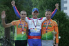 Winner in U23 category Joze Senekovic of Adria Mobil (M), second placed Gasper Svab of Sava Kranj (L), and third placed Kristijan Koren of Sava Kranj (R) celebrating their medals after Road cycling National championships. Road cycling National championship was held in Polhov Gradec, Slovenija on 1st of July 2007.

