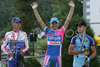 Winner Tadej Valjavec of Lampre-Fondital (M), second placed Tomaz Nose of Adria Mobil (L), and third placed Matej Gnezda of Radenska Powerbar (R) celebrating their medals after Road cycling National championships. Road cycling National championship was held in Polhov Gradec, Slovenija on 1st of July 2007.
