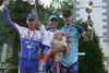 Winner Tadej Valjavec of Lampre-Fondital (M), second placed Tomaz Nose of Adria Mobil (L), and third placed Matej Gnezda of Radenska Powerbar (R) celebrating their medals after Road cycling National championships. Road cycling National championship was held in Polhov Gradec, Slovenija on 1st of July 2007.
