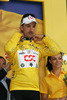 Overall leader Fabian Cancellara of Team CSC celebrating his jersey after first stage of Tour de France 2007. Grand depart in London, as start of Tour de France 2007 was called, was held on 7th and 8th of July 2007 in London, Great Britain. First stage in lenght of 203.5km was held on 8th of July 2007, and was leading riders from London, Great Britain to Canterbury, Great Britain.

