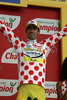 David Millar of Saunier Duval-Prodir celebrating his polka dot jersey of best climber after first stage of Tour de France 2007. Grand depart in London, as start of Tour de France 2007 was called, was held on 7th and 8th of July 2007 in London, Great Britain. First stage in lenght of 203.5km was held on 8th of July 2007, and was leading riders from London, Great Britain to Canterbury, Great Britain.
