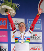 Winner Hanka Kupfernagel of Germany celebrating her World Champion title won in Women Time Trial race of UCI Road Cycling World Championships. Women Time trial race was held on 26th of September 2007 in Stuttgart, Germany.
