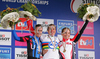 Winner and World Champion Hanka Kupfernagel of Germany (M), second placed Kristin Armstrong of USA (L) and third placed Christiane Soeder of Austria (R) celebrating their medals after finish of Women Time Trial race of UCI Road Cycling World Championships. Women Time trial race was held on 26th of September 2007 in Stuttgart, Germany.
