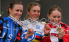 Winner and World Champion Hanka Kupfernagel of Germany (M), second placed Kristin Armstrong of USA (L) and third placed Christiane Soeder of Austria (R) celebrating their medals after finish of Women Time Trial race of UCI Road Cycling World Championships. Women Time trial race was held on 26th of September 2007 in Stuttgart, Germany.

