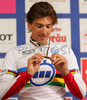 Winner Fabian Cancellara of Switzerland celebrating his medal won in Men Elite Time trial race of UCI Road Cycling World Championships. Men Elite Time trial race was held on 27th of September 2007 in Stuttgart, Germany.
