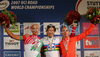 Winner Fabian Cancellara of Switzerland (M), second placed Laszlo Bodrogi of Hungary (L) and third placed Stef Clement of Netherland (R) celebrating their medals won in Men Elite Time trial race of UCI Road Cycling World Championships. Men Elite Time trial race was held on 27th of September 2007 in Stuttgart, Germany.
