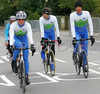 Joze Senekovic (L), Gregor Gazvoda (M) and Blaz Jarc (R) of Slovenia riding in traffic chaos during official training session before Saturdays and Sundays road races of UCI Road Cycling World Championships. Official training on streets supposedly closed for traffic, was held on 28th of September 2007 in Stuttgart, Germany.
