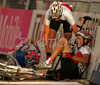 Biel Kadri of France (L) and Martin Kohler of Switzerland (R) falling in sprint of Men U23 road races of UCI Road Cycling World Championships. Men U23 road race World Championships was held on 29th of September 2007 in Stuttgart, Germany.
