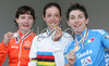 Winner Marta Bastianelli of Italy (M), second placed Marianne Vos of Netherland (L) and third placed Giorgia Bronzini of Italy (R) celebrating their medals won in Women elite road races of UCI Road Cycling World Championships. Women Elite road race World Championships was held on 29th of September 2007 in Stuttgart, Germany.
