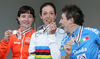 Winner Marta Bastianelli of Italy (M), second placed Marianne Vos of Netherland (L) and third placed Giorgia Bronzini of Italy (R) celebrating their medals won in Women elite road races of UCI Road Cycling World Championships. Women Elite road race World Championships was held on 29th of September 2007 in Stuttgart, Germany.
