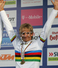 Winner Peter Velits of Slovakia celebrating his medal in Men U23 road races of UCI Road Cycling World Championships. Men U23 road race World Championships was held on 29th of September 2007 in Stuttgart, Germany.
