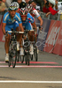 Paolo Bettini of Italy (L) outsprints second placed Alexandr Kolobnev of Russia (M) and third placed Stefan Schumacher of Germany (R) in Men Elite road race of UCI Road Cycling World Championships. Men Elite road race World Championships was held on 30th of September 2007 in Stuttgart, Germany.
