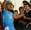 Winner Paolo Bettini of Italy celebrating his victory in finish line of Men Elite road race of UCI Road Cycling World Championships. Men Elite road race World Championships was held on 30th of September 2007 in Stuttgart, Germany.
