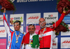 Winner Paolo Bettini of Italy (M), second placed Alexandr Kolobnev of Russia (L) and third placed Stefan Schumacher of Germany (R) celebrating their medals won in Men Elite road race of UCI Road Cycling World Championships. Men Elite road race World Championships was held on 30th of September 2007 in Stuttgart, Germany.
