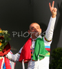 Winner Paolo Bettini of Italy celebrating his gold medal and World Champion title won in Men Elite road race of UCI Road Cycling World Championships. Men Elite road race World Championships was held on 30th of September 2007 in Stuttgart, Germany.
