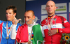Winner Paolo Bettini of Italy (M), second placed Alexandr Kolobnev of Russia (L) and third placed Stefan Schumacher of Germany (R) celebrating their medals won in Men Elite road race of UCI Road Cycling World Championships. Men Elite road race World Championships was held on 30th of September 2007 in Stuttgart, Germany.
