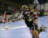 Cecilia Grubbstrom (no.11) of IK Savehof shooting on goal during match of 5th round of European Champions handball league. Match between RK Krim, Ljubljana, Slovenia, and IK Savehof, Partille, Sweden was played on 5th of January 2008 in Tivoli Arena in Ljubljana, Slovenia. Match was with draw 24:24.
