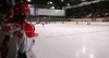 Martin Oldendow-Larsen of Denmark watching his teammates from bench during ice hockey match between Slovenia and Denmark on Ice Hockey World Championship Division I, Group A. Denmark won with 3:2, which gives them good chances for winning tournament and qualifying for Elite Division.
