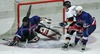 Goalie of Slovene team Gasper Krosel defending his goal during ice hockey match between Slovenia and Germany on Ice Hockey World Championship Division I, Group A. Germany won with 2-0, and Germany also won tournament and is automaticaly qualified for Elite Division. 
